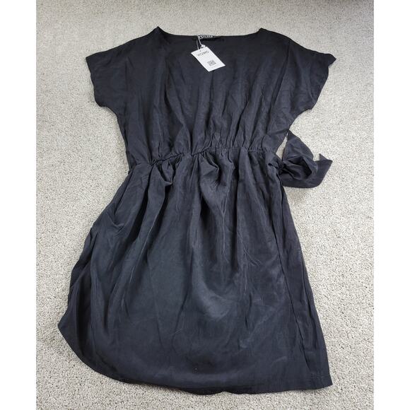 Yoins Womens Wrap Dress Large Black Tie Crewneck Short Sleeve Ruched Mini NEW - Picture 8 of 16